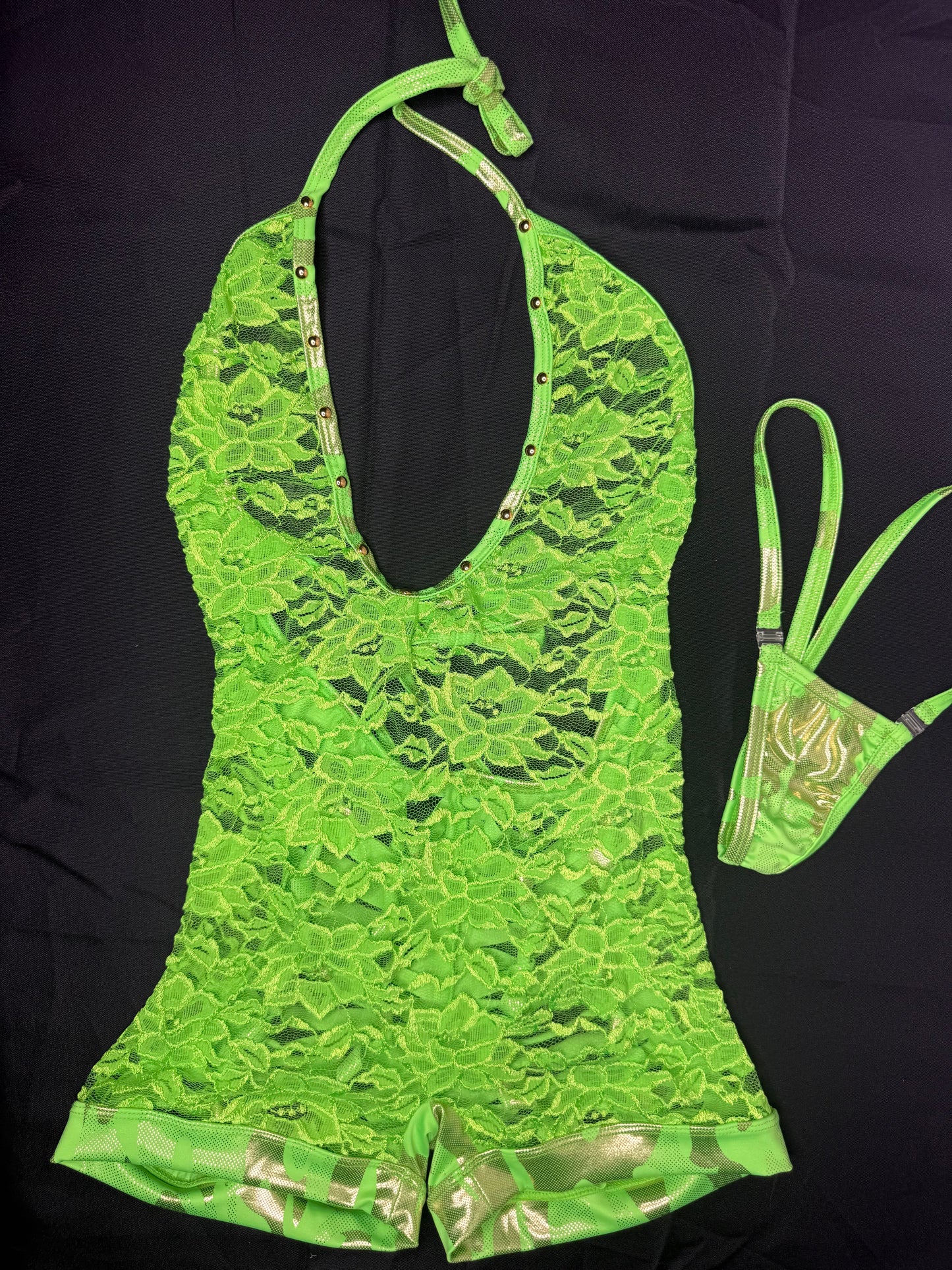 Neon Green Lace/Spandex Ripped Back One-Piece Lingerie Outfit