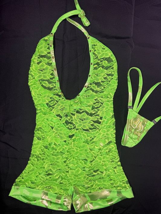 Neon Green Lace/Spandex Ripped Back One-Piece Lingerie Outfit