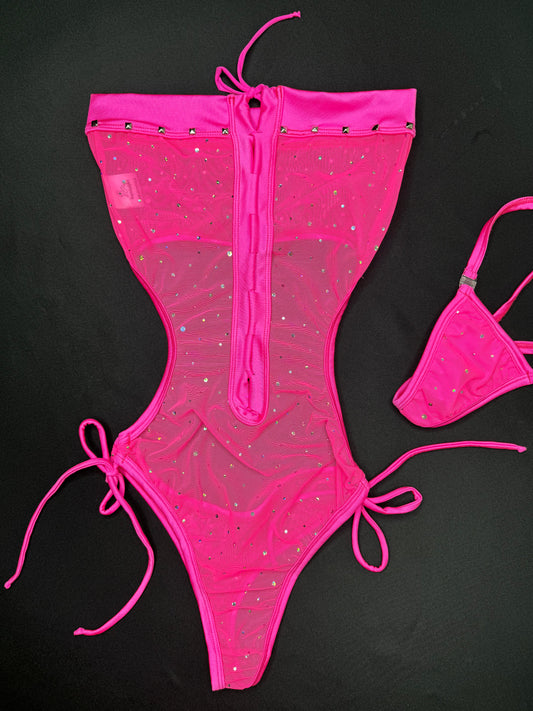 Hot Pink Sparkle Mesh One-Piece Lingerie Outfit