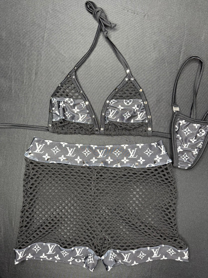 Designer Black/White Spandex/Fishnet Bikini Top/Shorts Two-Piece Lingerie Outfit