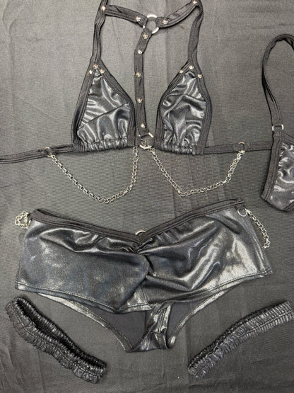 Metallic Black/Black Two-Piece Garters Shorts Lingerie Outfit