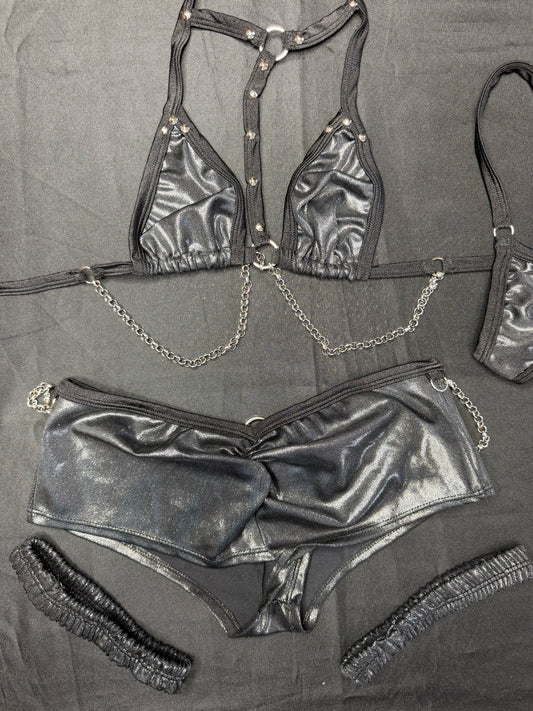 Metallic Black/Black Two-Piece Garters Shorts Lingerie Outfit