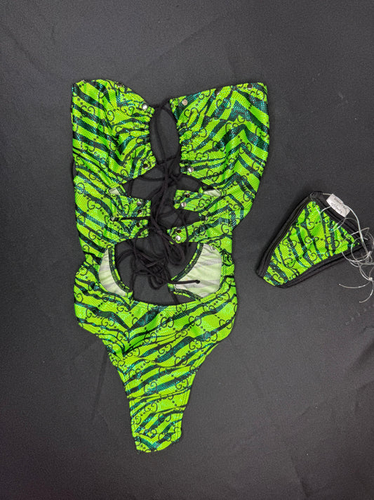 Green Designer Cheetah Print One-Piece Lingerie Outfit