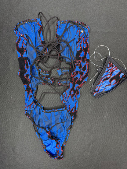Blue Flame Mesh One-Piece Lingerie Outfit
