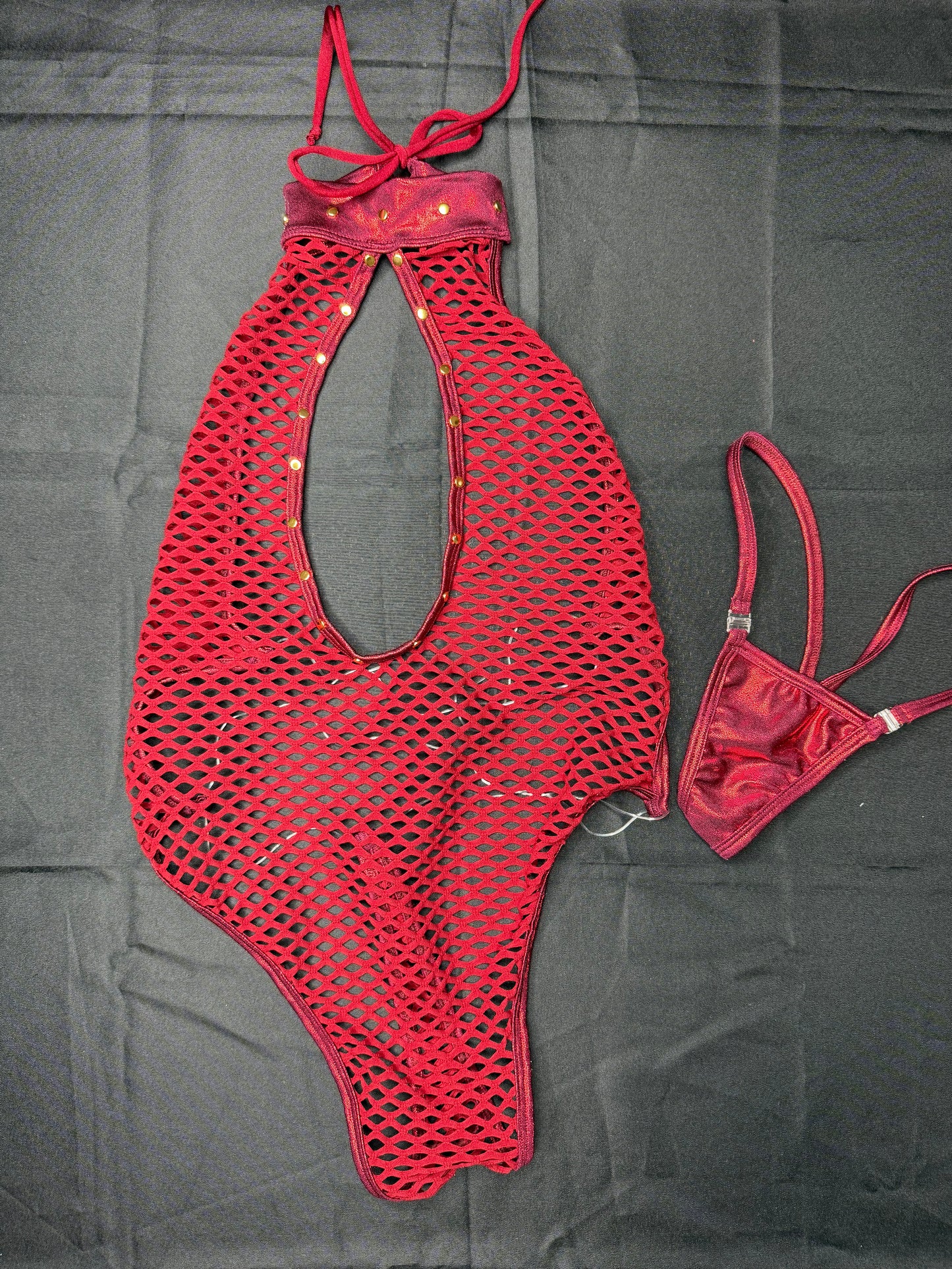 Metallic Burgundy/Fishnet Spandex One-Piece Lingerie Outfit