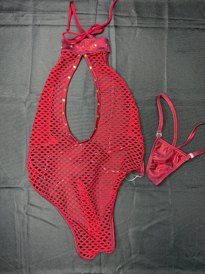 Metallic Burgundy/Fishnet Spandex One-Piece Lingerie Outfit