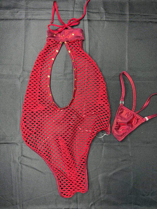 Metallic Burgundy/Fishnet Spandex One-Piece Lingerie Outfit