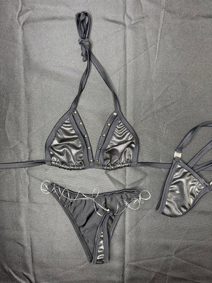 Metallic Black Spandex Two-Piece Silicone String Bottoms Bikini Lingerie Outfit