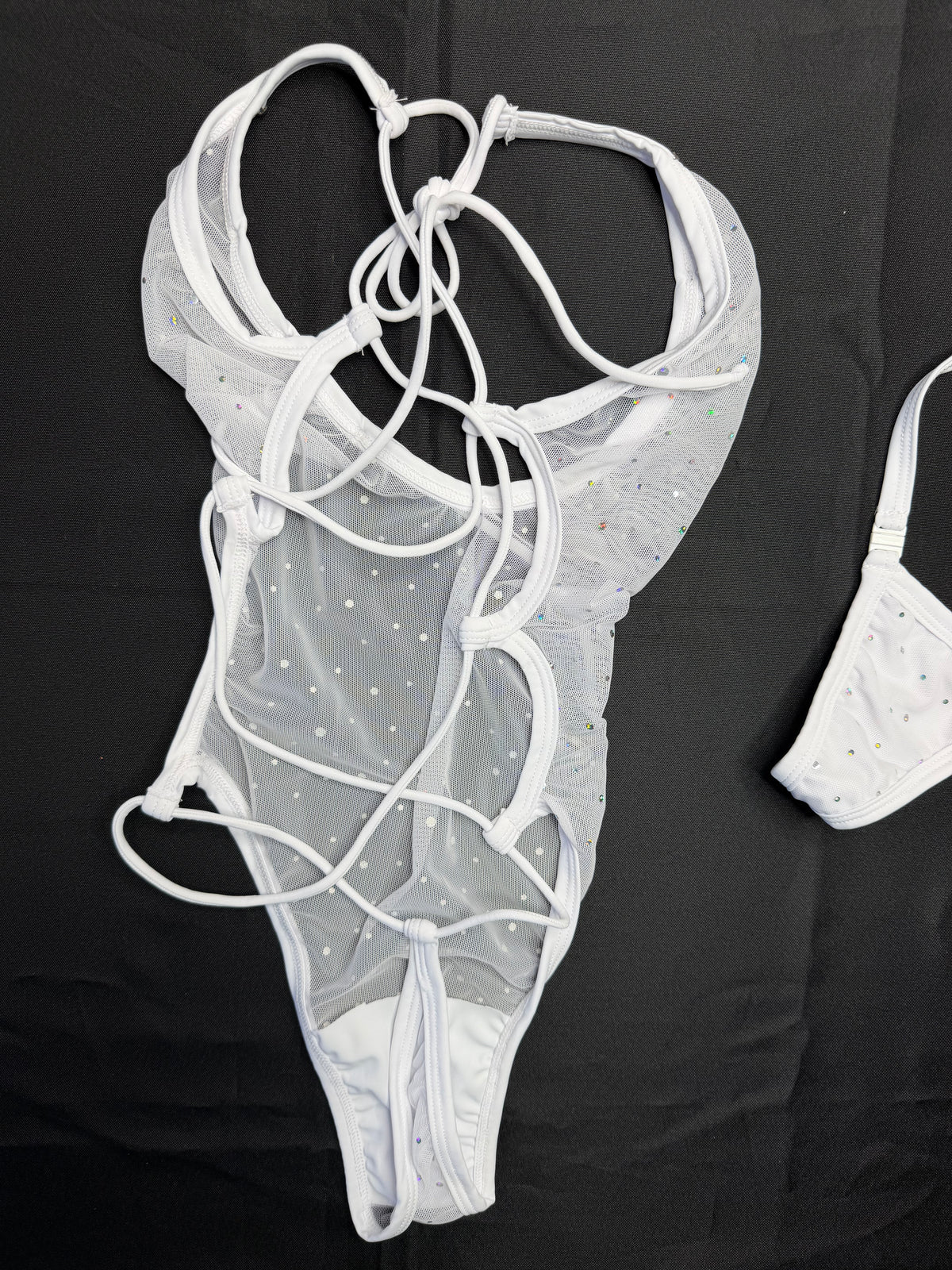 White Sparkle Mesh Three-Piece With White Fishnet Spandex Shorts Lingerie Outfit