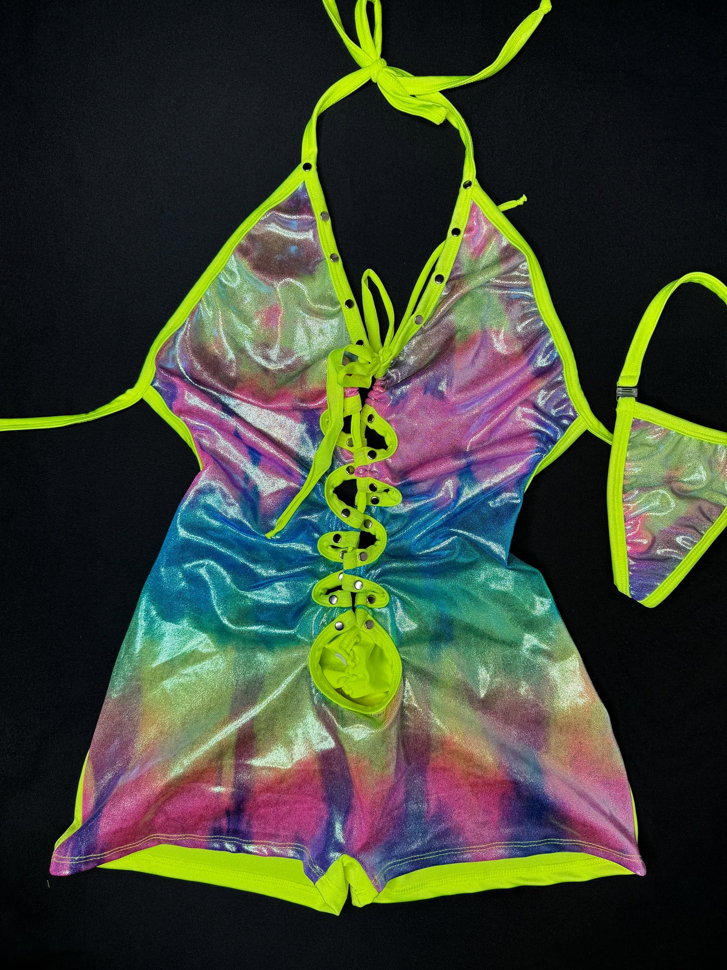 Neon Yellow/Rainbow One-Piece Lingerie Outfit