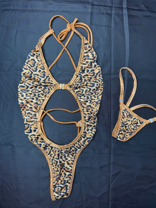Cheetah Animal Print/Copper Spandex One-Piece Lingerie Outfit