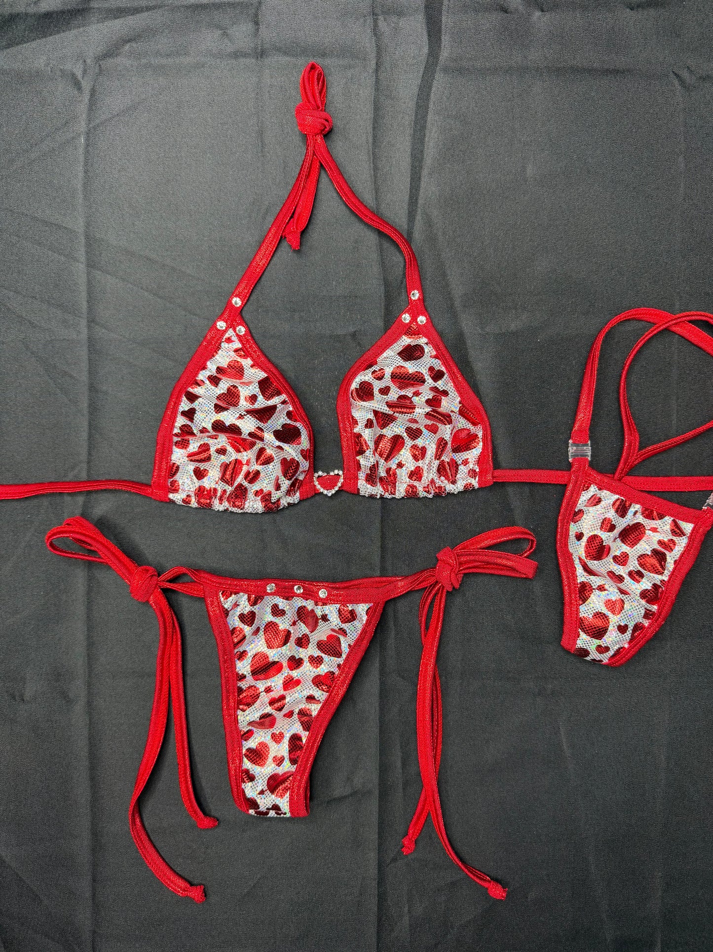 Red Hearts Spandex Two-Piece Bikini Lingerie Outfit