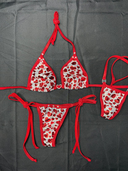 Red Hearts Spandex Two-Piece Bikini Lingerie Outfit