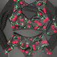 Red Cherry/Black Spandex/Fishnet Two-Piece Long Sleeve/Shorts Lingerie Outfit