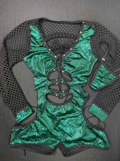 Metallic Green Spandex/Black Fishnet Long Sleeve Romper Lingerie Outfit