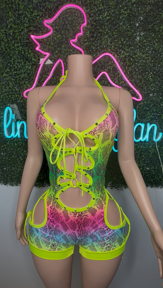 Neon Yellow Fishnet Animal Print Spandex Romper Lingerie Outfit