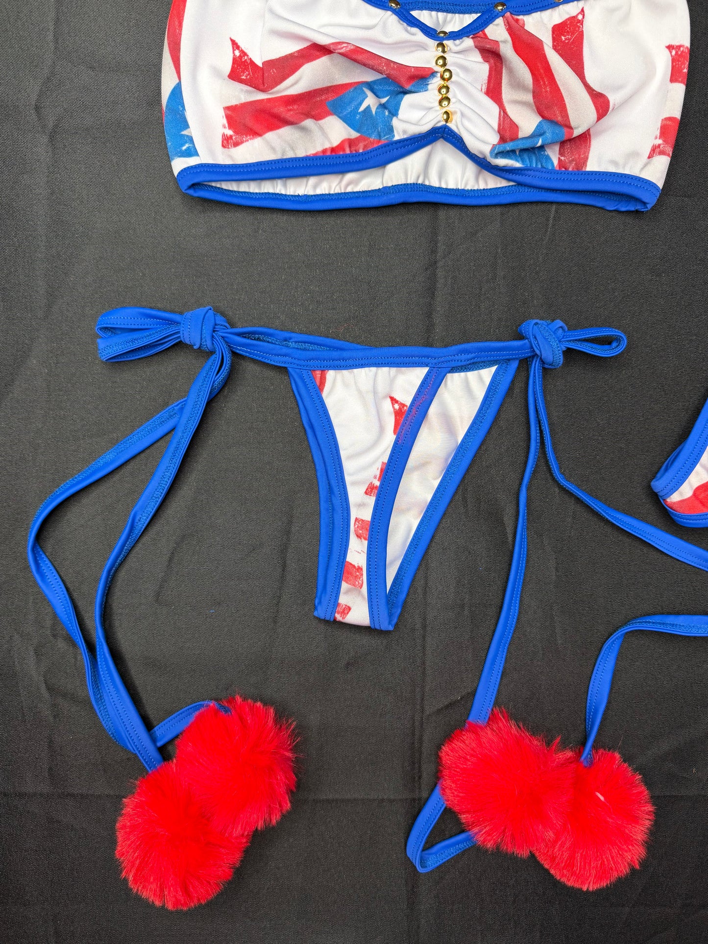 Puerto Rico 🇵🇷 Spandex Two-Piece Tube Top Bikini Bottom Pom Pom Bikini Lingerie Outfit