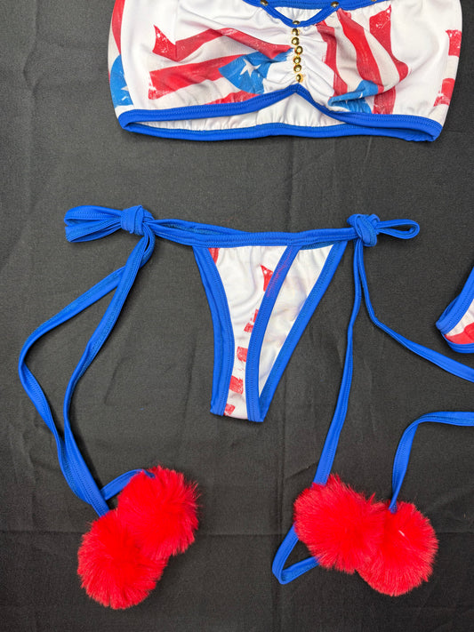 Puerto Rico 🇵🇷 Spandex Two-Piece Tube Top Bikini Bottom Pom Pom Bikini Lingerie Outfit