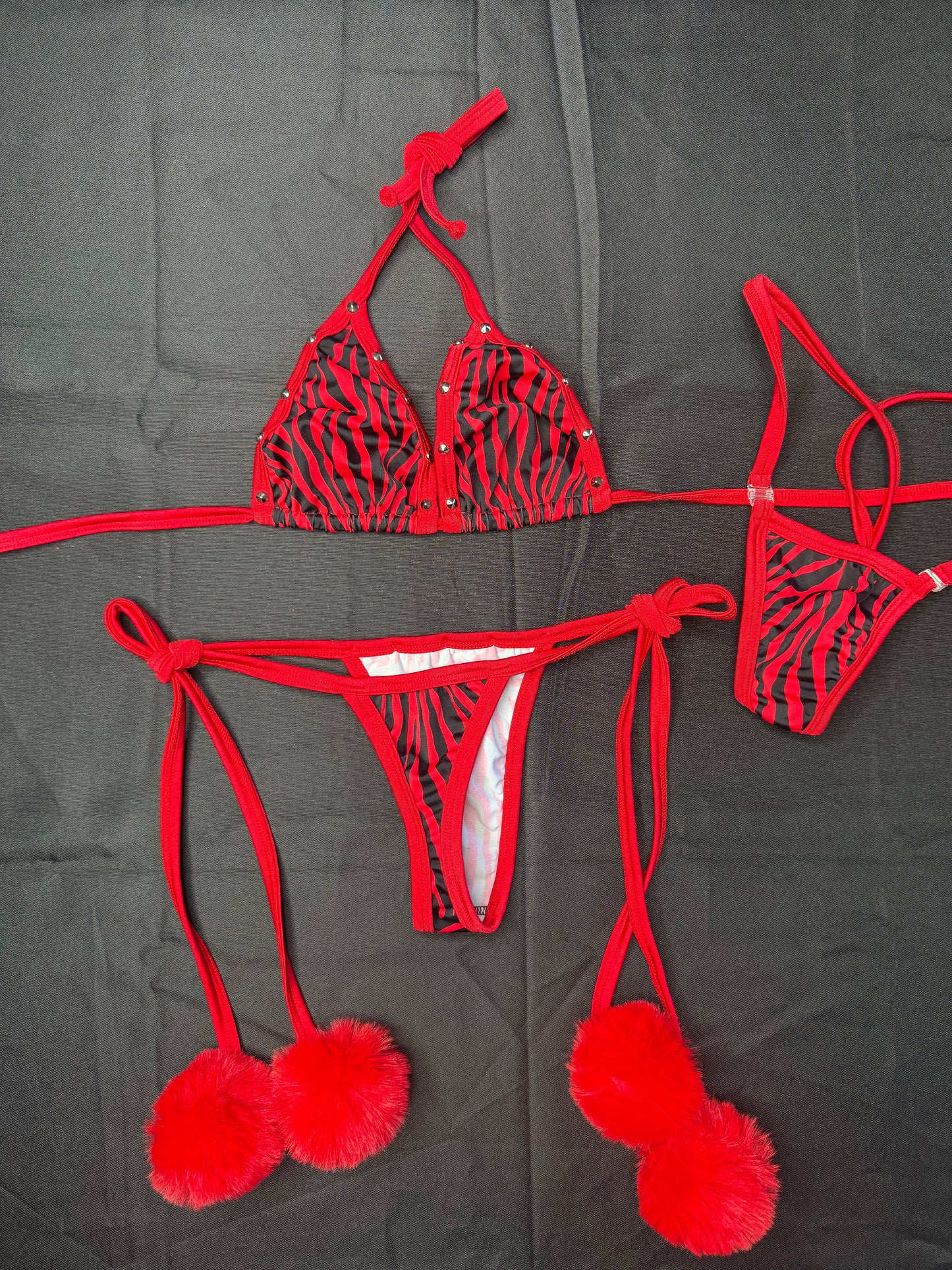 Red Animal Print Spandex Two-Piece Pom Pom Side-Tie Bikini Lingerie Outfit