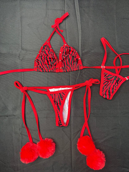 Red Animal Print Spandex Two-Piece Pom Pom Side-Tie Bikini Lingerie Outfit