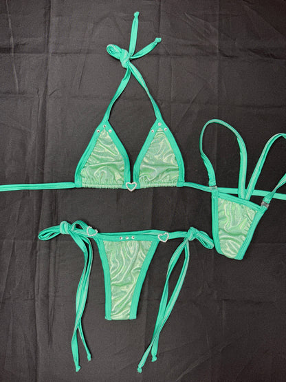 Metallic Mint/Mint Spandex Two-Piece Bikini Lingerie Outfit