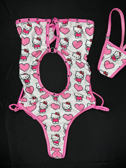 White/Pink Hearts Kitty One-Piece Lingerie Outfit