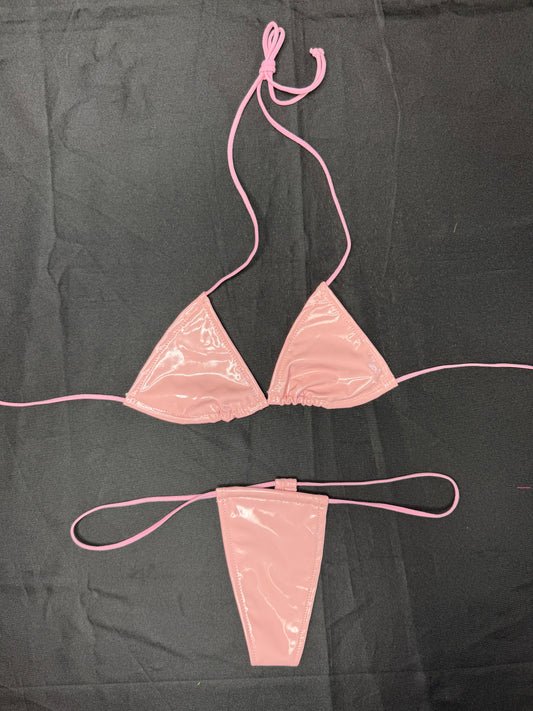 Baby Pink Vinyl Micro Bikini Lingerie Outfit