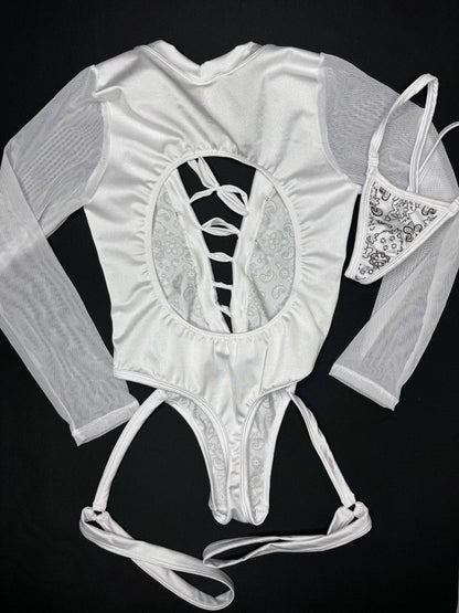 White Bandana Spandex/Mesh Garter One-Piece Leotard Lingerie Outfit