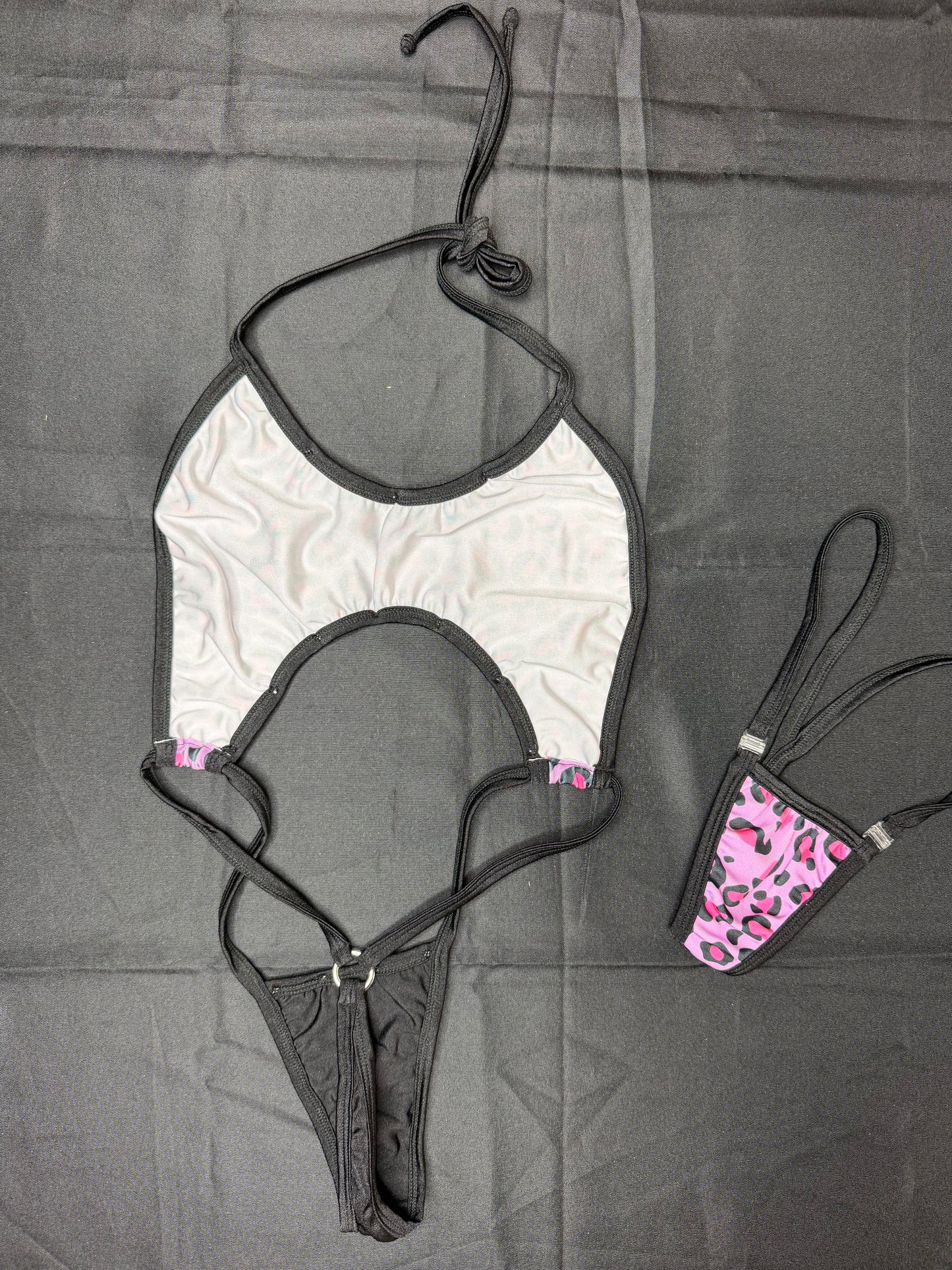 Pink Animal Print/Black Spandex One-Piece Sling-Shot Lingerie Outfit