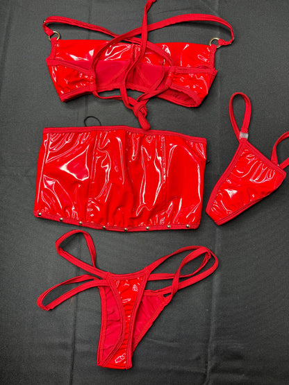 Red Latex Three-Piece Dominatrix Stripper Outfit