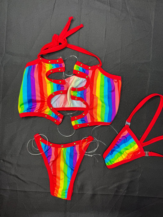 Rainbow Spandex Sports Bra Two-Piece Bikini Lingerie Outfit