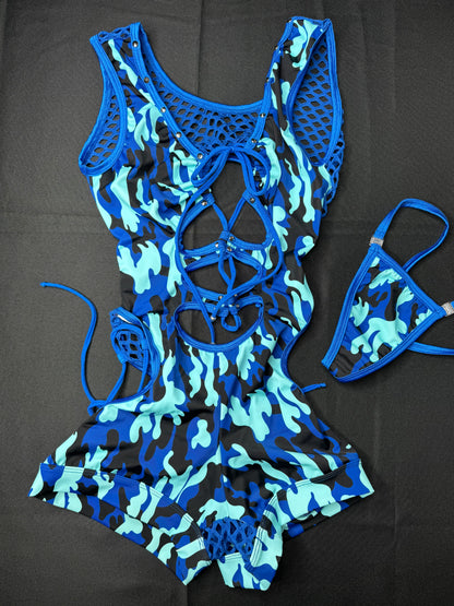 Blue Camouflage Sleeveless Romper