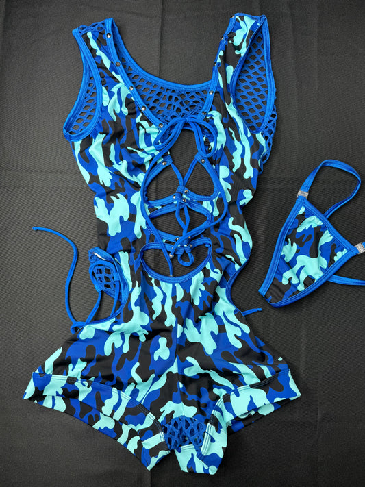 Blue Camouflage Sleeveless Romper