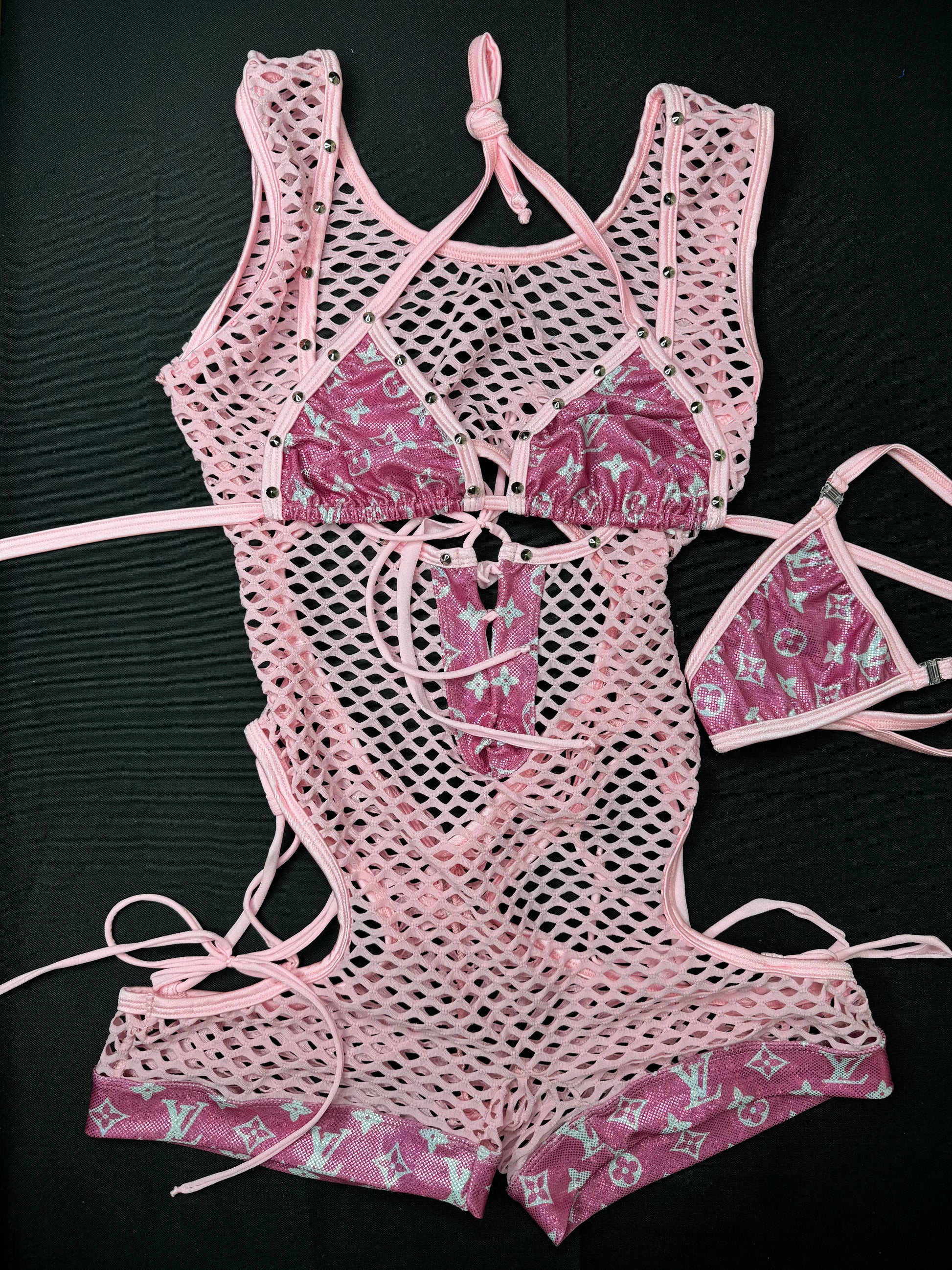 Metallic Baby Pink/Baby Pink Fishnet One-Piece Exotic Dancer Outfit ...