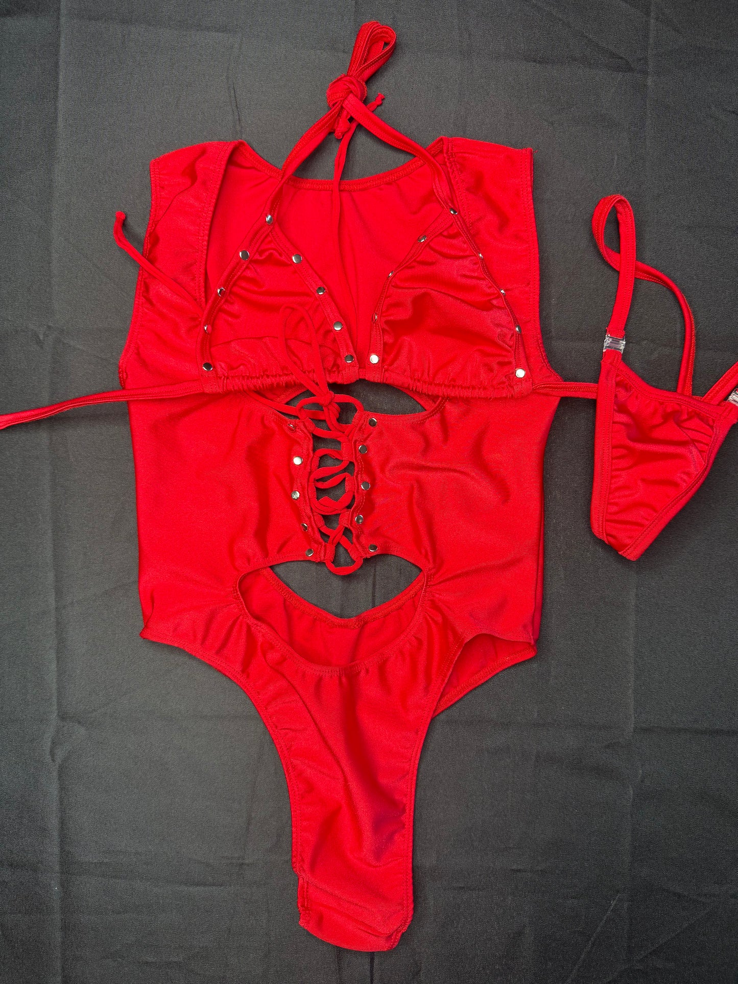 Red Spandex Sleeveless Leotard/Bikini Top One-Piece Lingerie Outfit