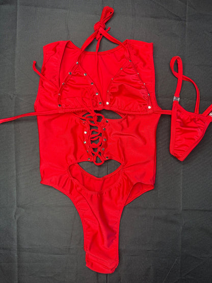 Red Spandex Sleeveless Leotard/Bikini Top One-Piece Lingerie Outfit