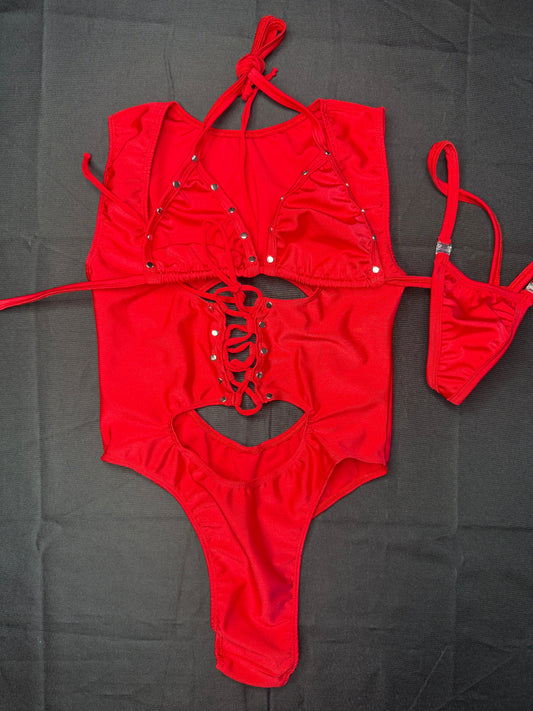 Red Spandex Sleeveless Leotard/Bikini Top One-Piece Lingerie Outfit