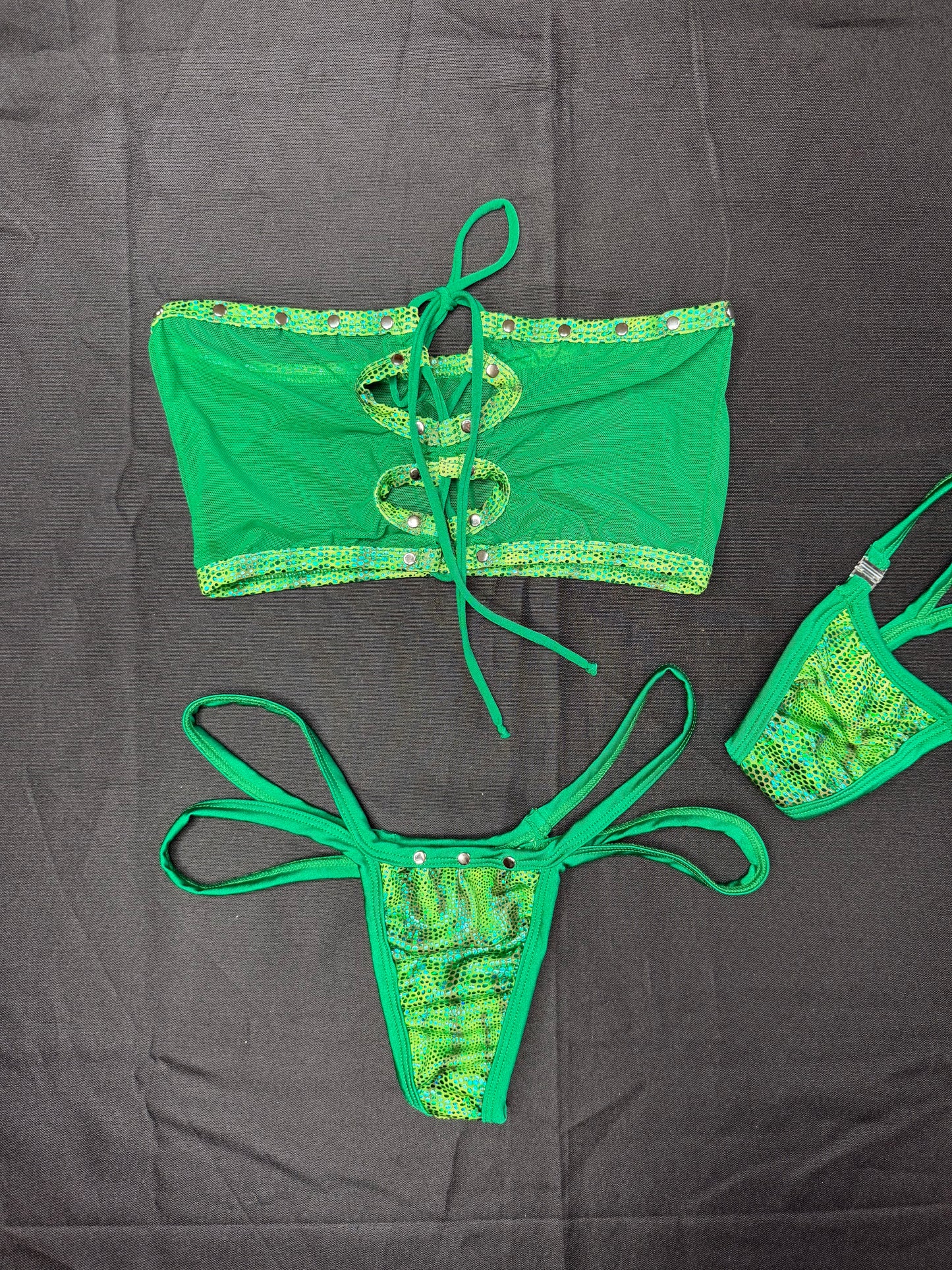Green Mesh/Green Animal Print Spandex Two-Piece Tube Top Bikini Lingerie Outfit