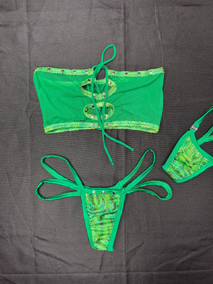 Green Mesh/Green Animal Print Spandex Two-Piece Tube Top Bikini Lingerie Outfit