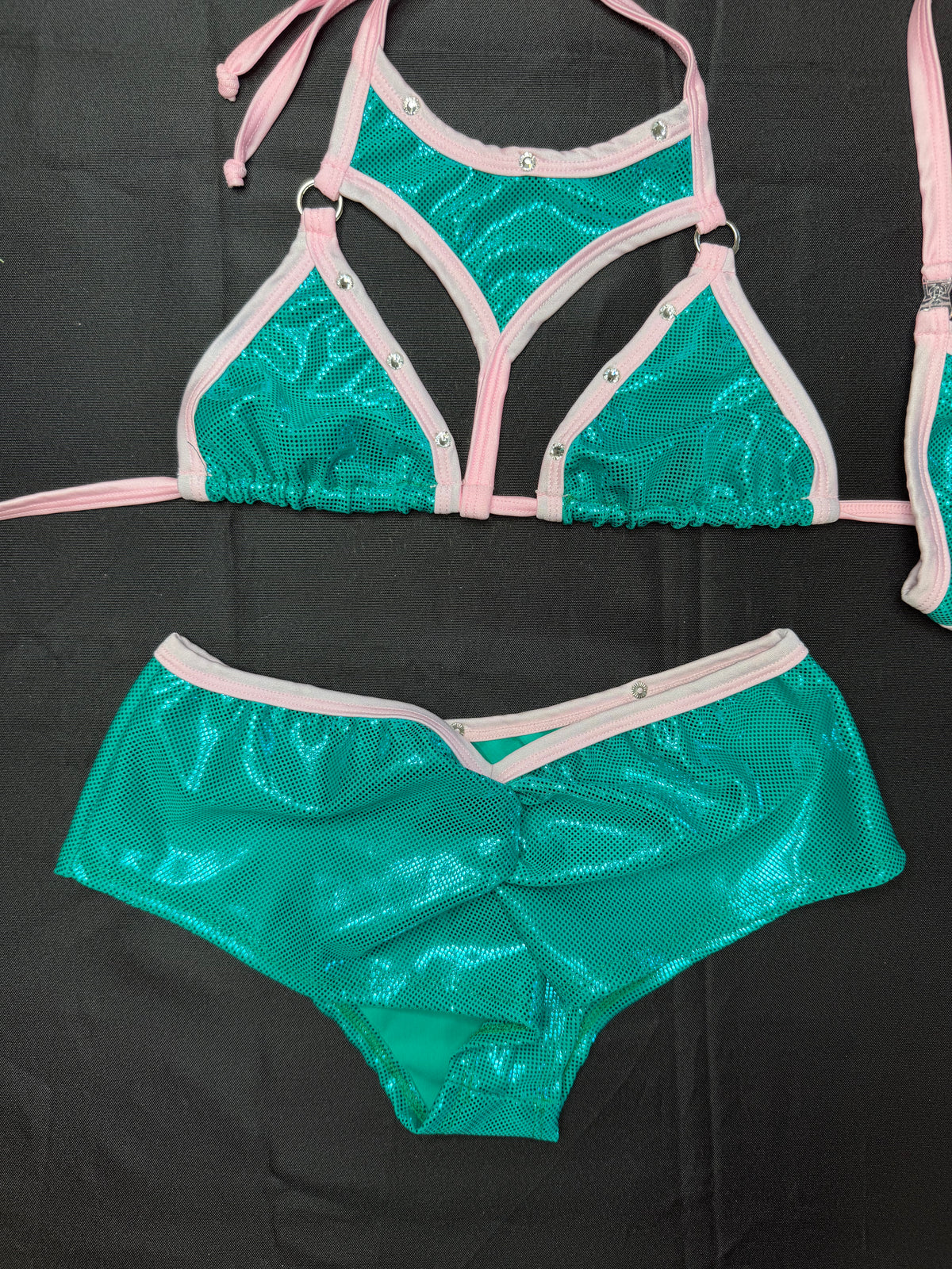 Teal/Baby Pink Spandex Two-Piece Shorts Lingerie Outfit