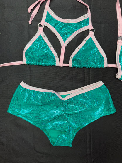 Teal/Baby Pink Spandex Two-Piece Shorts Lingerie Outfit