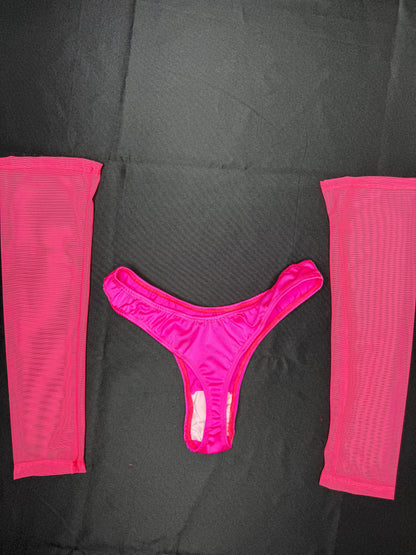 Hot Pink Three-Piece Mesh Cheeky Thong/Sleeves Lingerie Outfit
