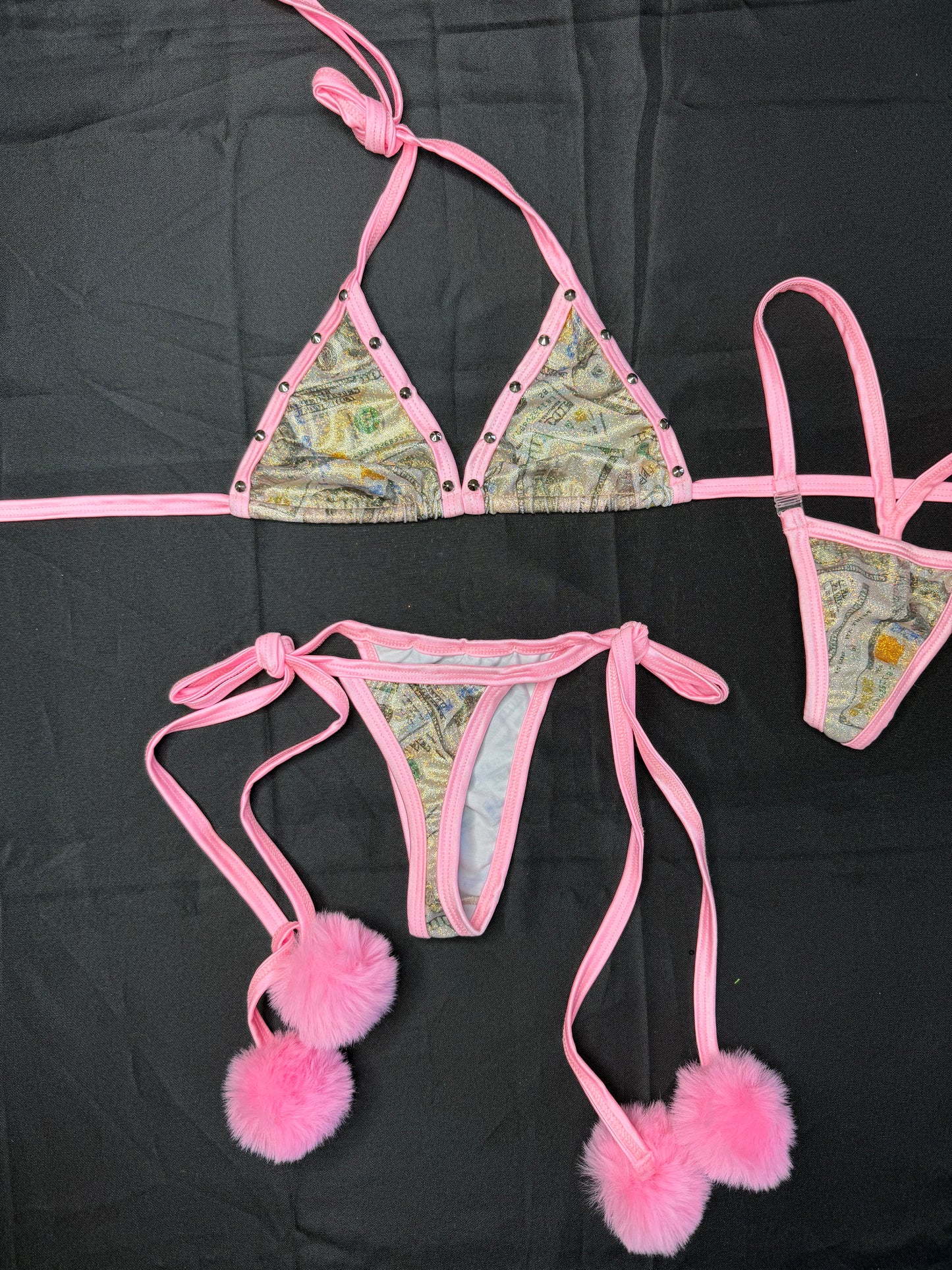 Baby Pink/Money Print Spandex Two-Piece Bikini Pom-Poms Lingerie Outfit