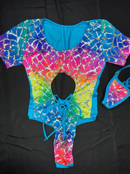 Sky Blue Rainbow Fish Animal Print One-Piece Leotard Lingerie Outfit