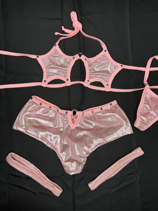 Pink Star Top/Shorts Garters Three Piece Lingerie Outfit