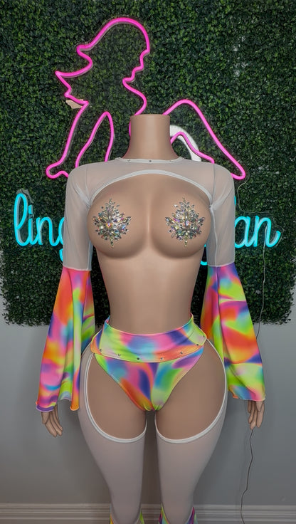 Rainbow Spandex/Baby Blue Mesh Three Piece Shorts/Fringe Chaps/Fringe Top Lingerie Outfit