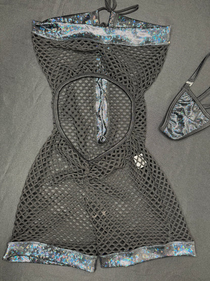 Metallic Black/Black Fishnet One-Piece Lingerie Outfit