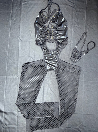 Metallic Black/Black Spandex Body Suit Lingerie Outfit