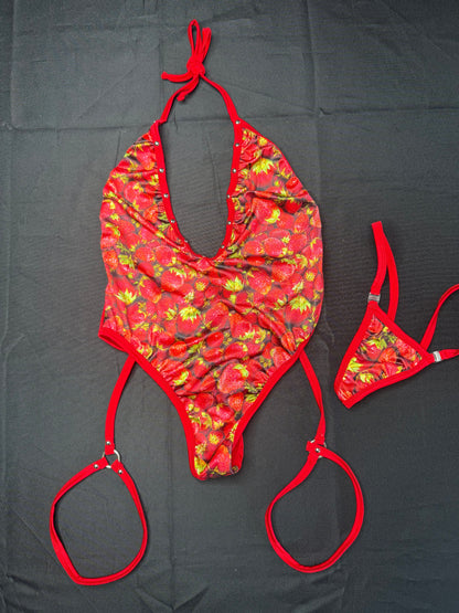 Strawberry/Red Spandex One-Piece Lingerie Outfit
