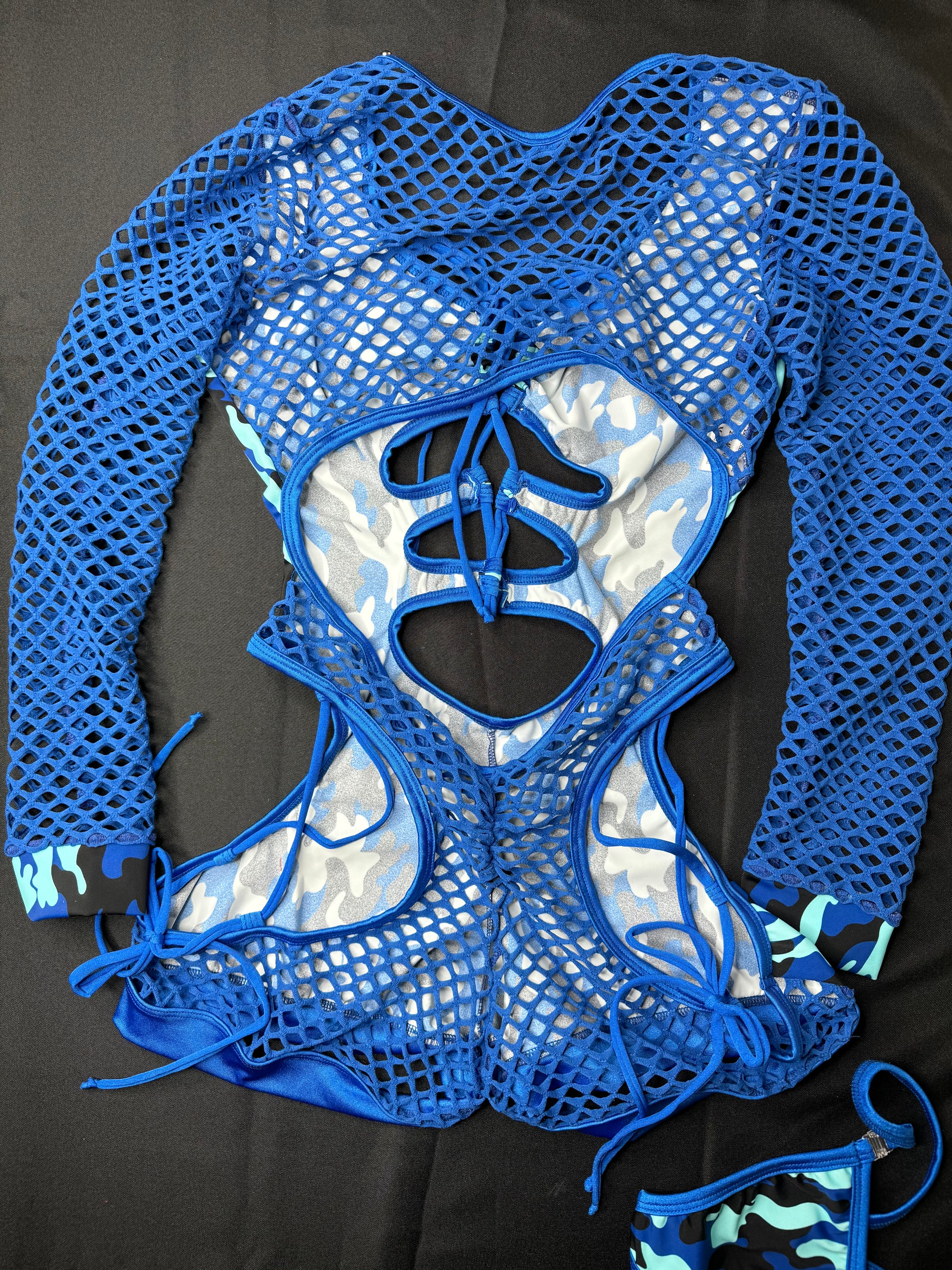 Blue Camouflage/Royal Blue Fishnet Bartender Romper Outfit